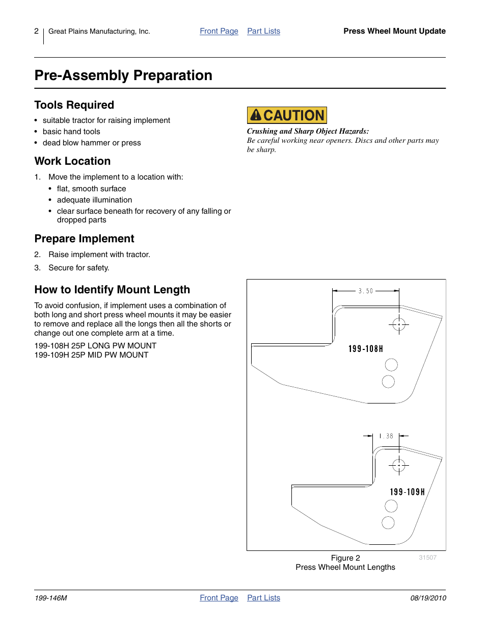 Pre-assembly preparation, Tools required, Work location | Prepare implement, How to identify mount length | Great Plains Press Wheel Mount Kit 25 Series User Manual | Page 2 / 6