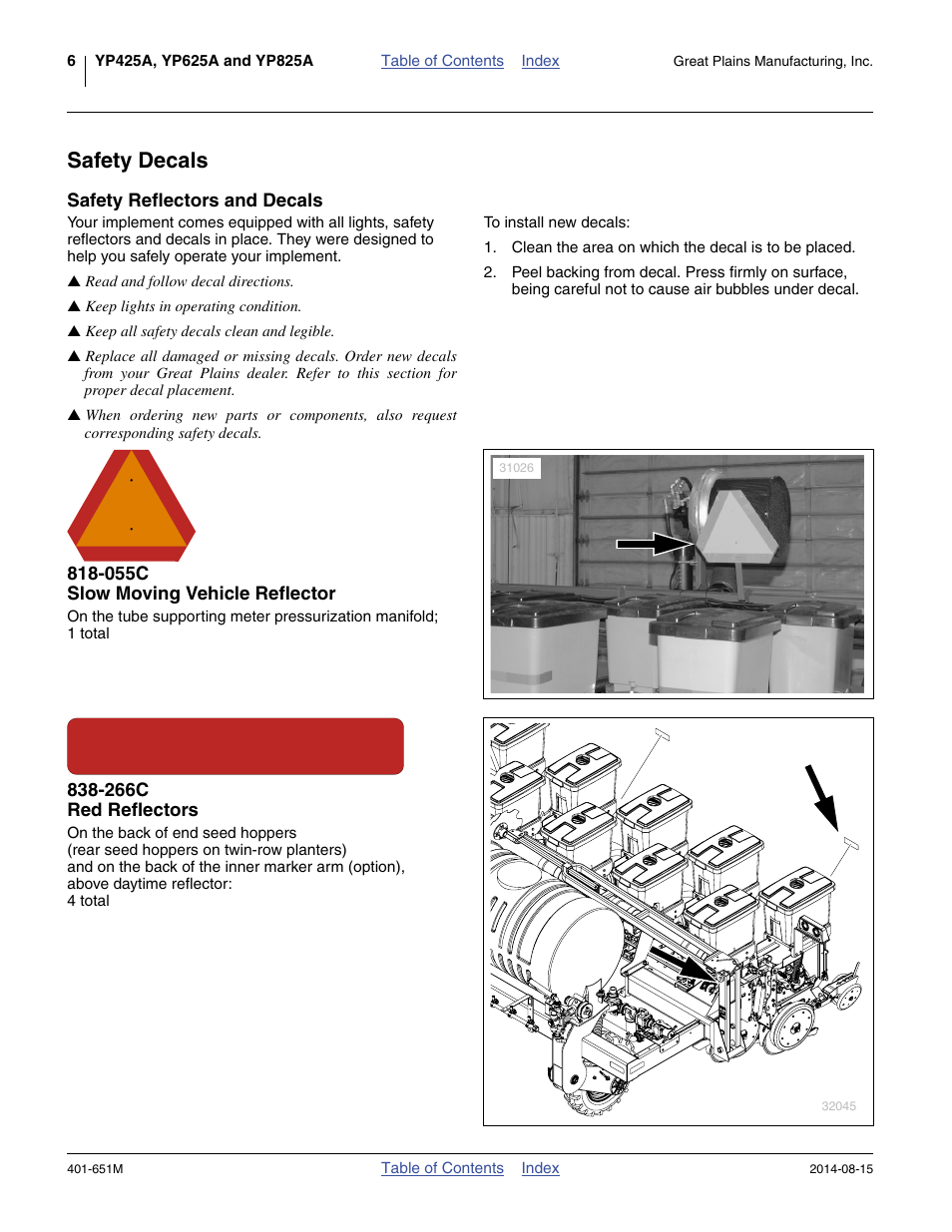 Safety decals, Safety reflectors and decals, 055c slow moving vehicle reflector | 266c red reflectors | Great Plains YP825A Operator Manual User Manual | Page 10 / 182