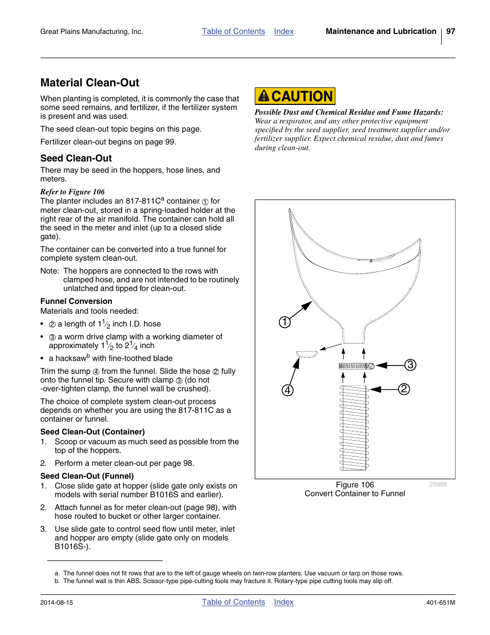 Material clean-out, Seed clean-out, Funnel conversion | Seed clean-out (container), Seed clean-out (funnel) | Great Plains YP825A Operator Manual User Manual | Page 101 / 182