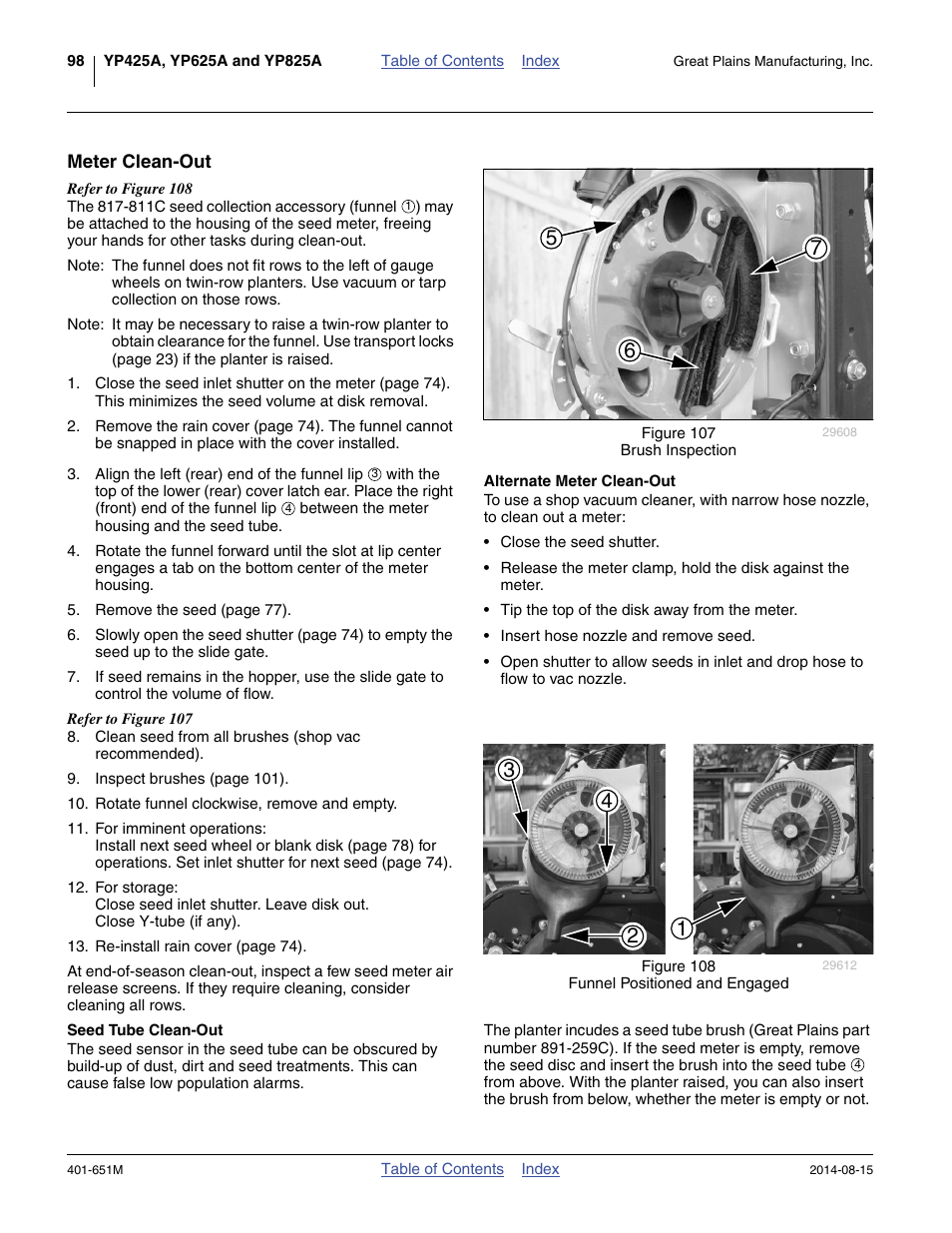 Meter clean-out, Alternate meter clean-out, Seed tube clean-out | Alternate meter clean-out seed tube clean-out | Great Plains YP825A Operator Manual User Manual | Page 102 / 182