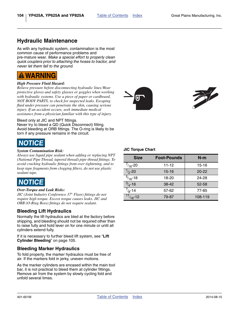 Hydraulic maintenance, Bleeding lift hydraulics, Bleeding marker hydraulics | Great Plains YP825A Operator Manual User Manual | Page 108 / 182