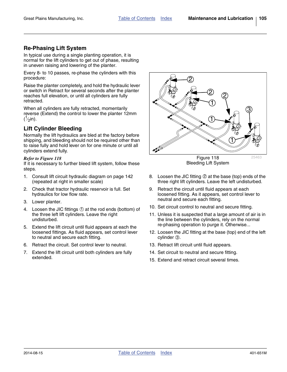 Re-phasing lift system, Lift cylinder bleeding, Re-phasing lift system lift cylinder bleeding | Great Plains YP825A Operator Manual User Manual | Page 109 / 182