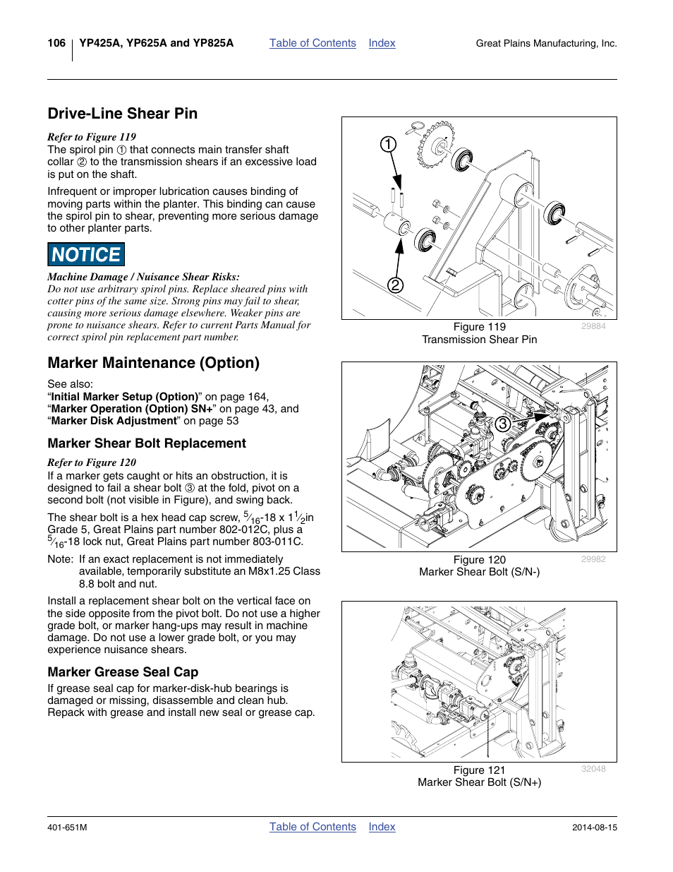 Drive-line shear pin, Marker maintenance (option), Marker shear bolt replacement | Marker grease seal cap, Drive-line shear pin marker maintenance (option), Led. see “ marker | Great Plains YP825A Operator Manual User Manual | Page 110 / 182