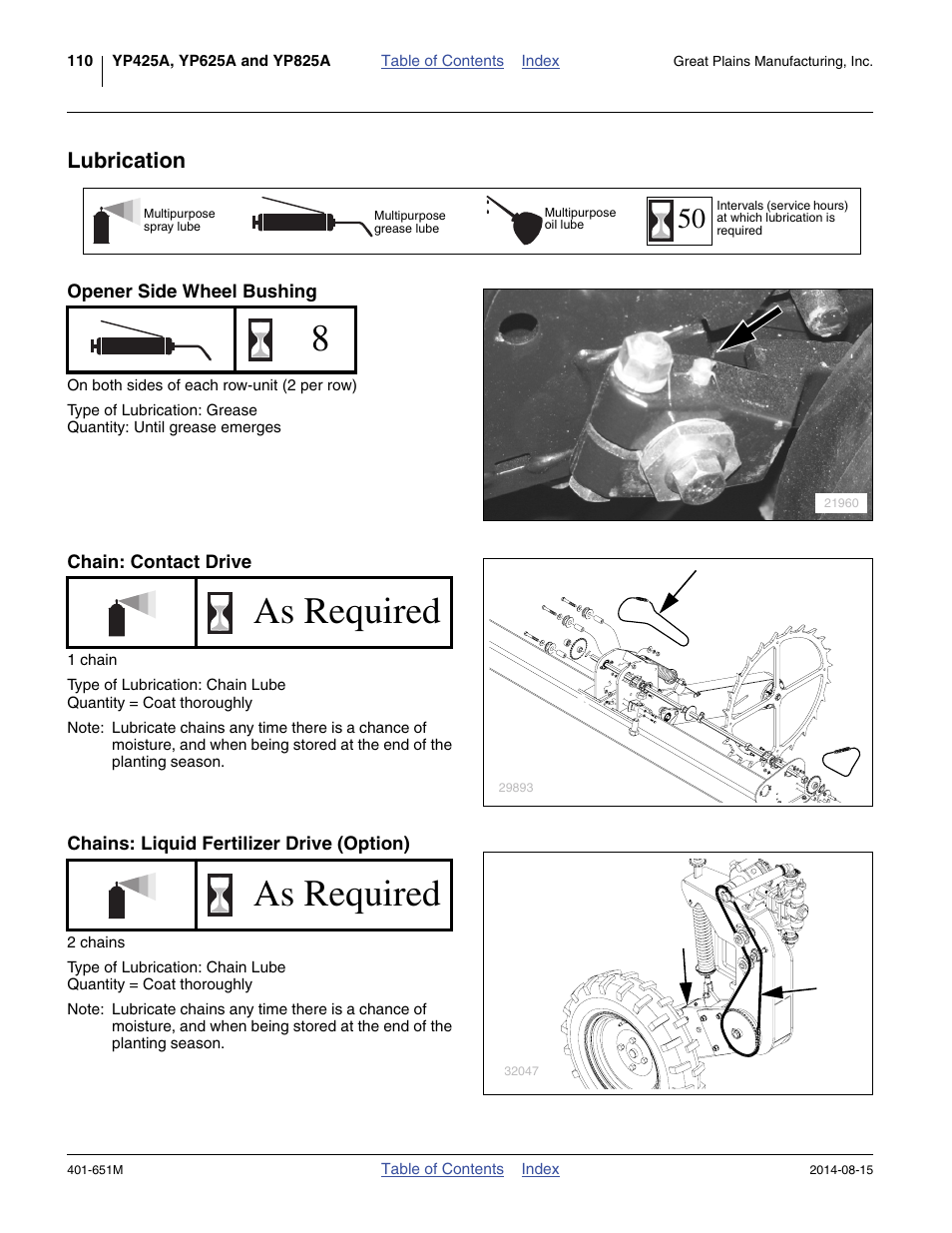 Lubrication, Opener side wheel bushing, Chain: contact drive | Chains: liquid fertilizer drive (option), Planter as indicated under “ lubrication, As required | Great Plains YP825A Operator Manual User Manual | Page 114 / 182