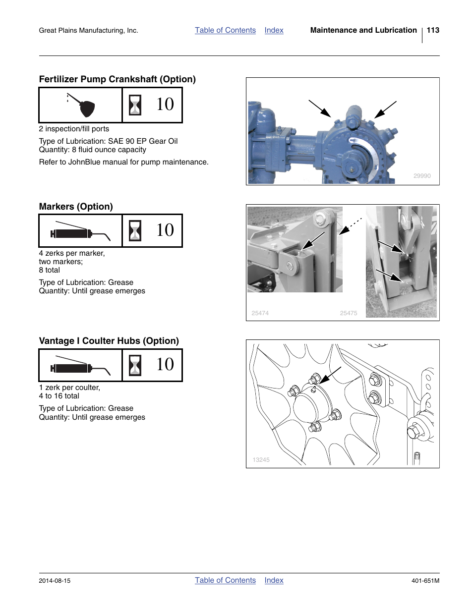 Fertilizer pump crankshaft (option), Markers (option), Vantage i coulter hubs (option) | Great Plains YP825A Operator Manual User Manual | Page 117 / 182