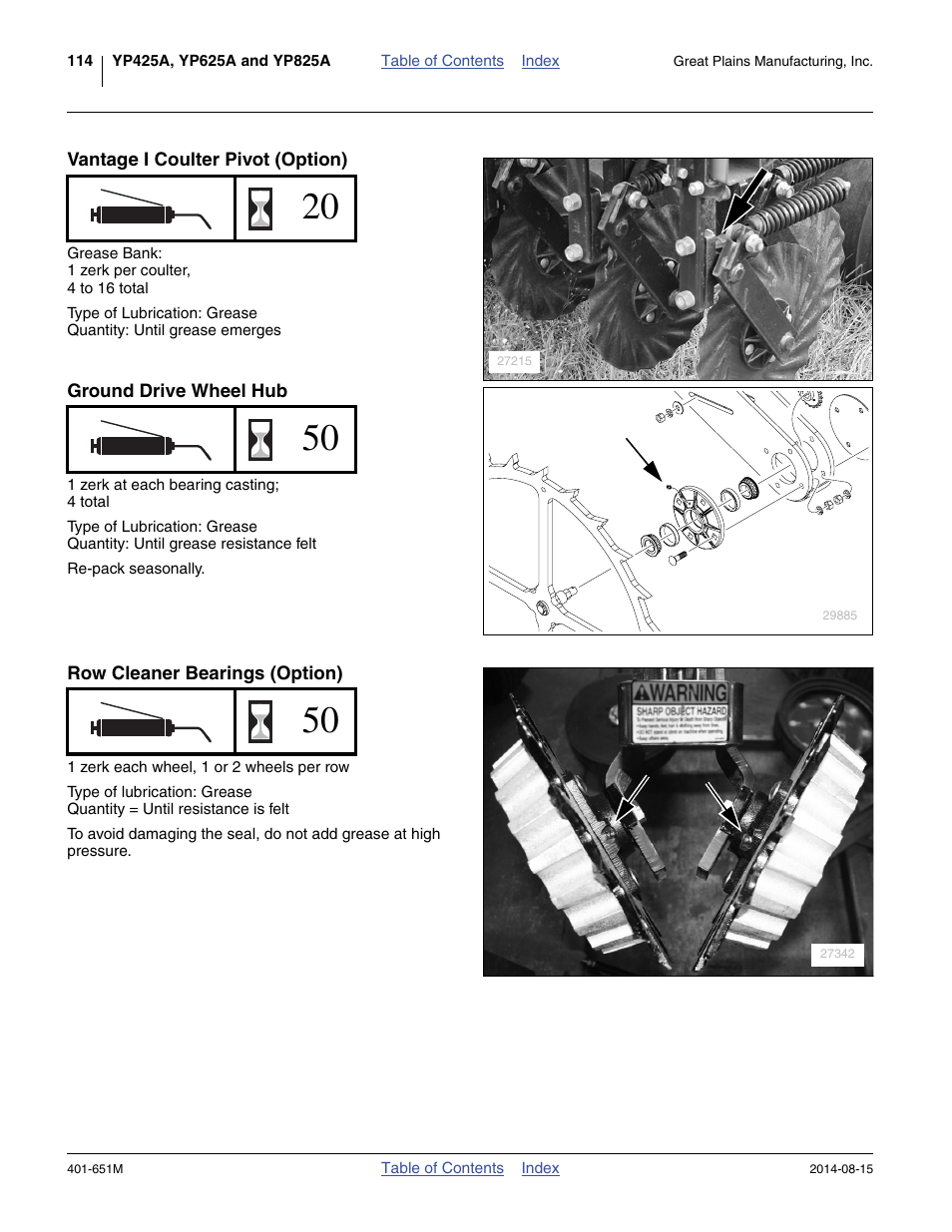 Vantage i coulter pivot (option), Ground drive wheel hub, Row cleaner bearings (option) | Great Plains YP825A Operator Manual User Manual | Page 118 / 182