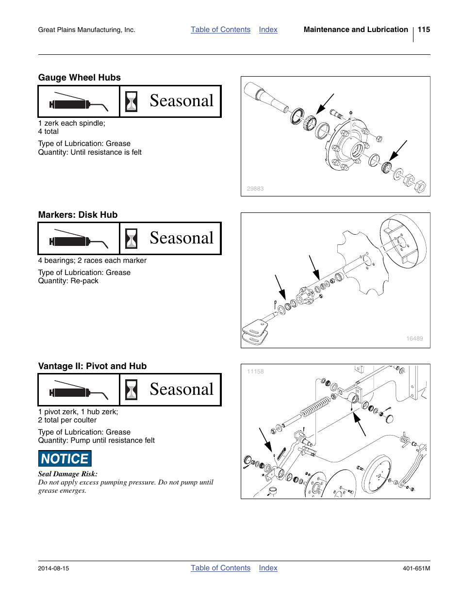 Gauge wheel hubs, Markers: disk hub, Vantage ii: pivot and hub | Seasonal | Great Plains YP825A Operator Manual User Manual | Page 119 / 182