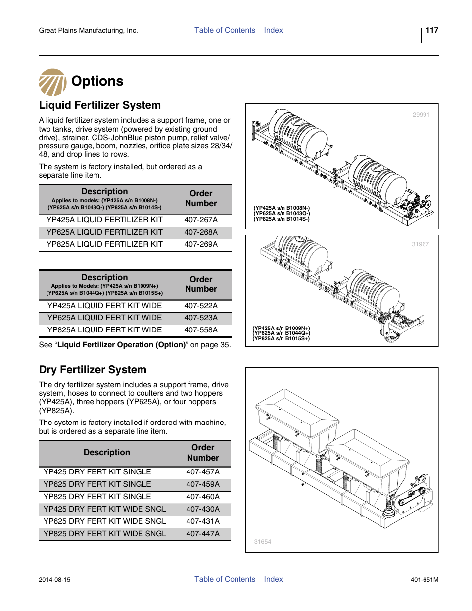 Options, Liquid fertilizer system, Dry fertilizer system | Great Plains YP825A Operator Manual User Manual | Page 121 / 182