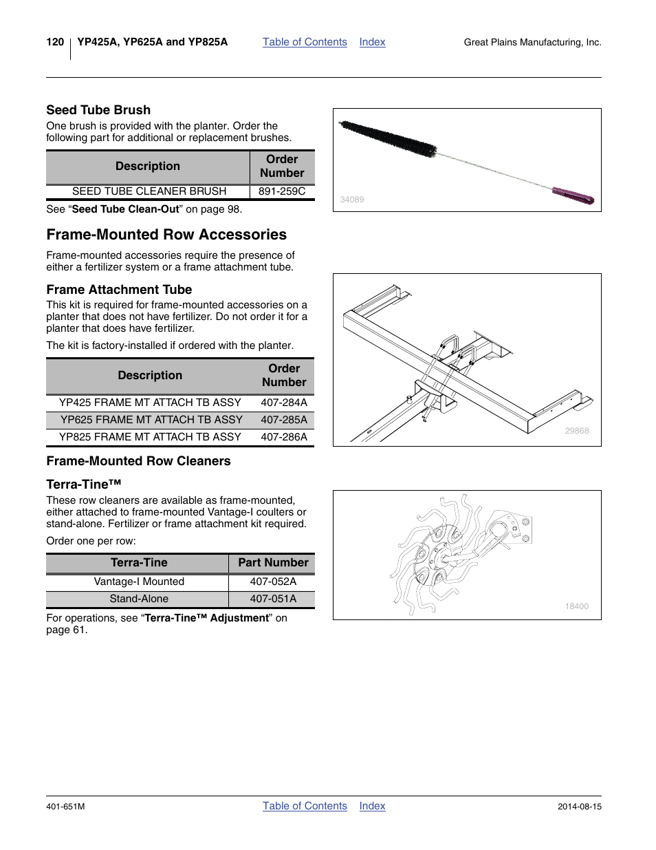 Seed tube brush, Frame-mounted row accessories, Frame attachment tube | Frame-mounted row cleaners, Terra-tine | Great Plains YP825A Operator Manual User Manual | Page 124 / 182