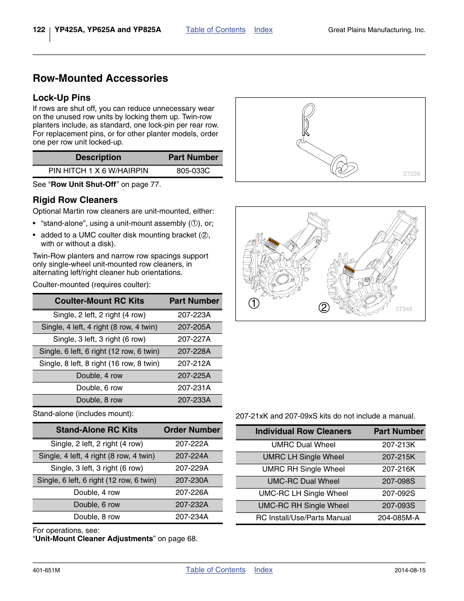 Row-mounted accessories, Lock-up pins, Rigid row cleaners | Great Plains YP825A Operator Manual User Manual | Page 126 / 182