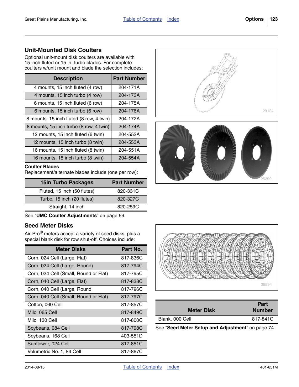 Unit-mounted disk coulters, Coulter blades, Seed meter disks | 841c) | Great Plains YP825A Operator Manual User Manual | Page 127 / 182