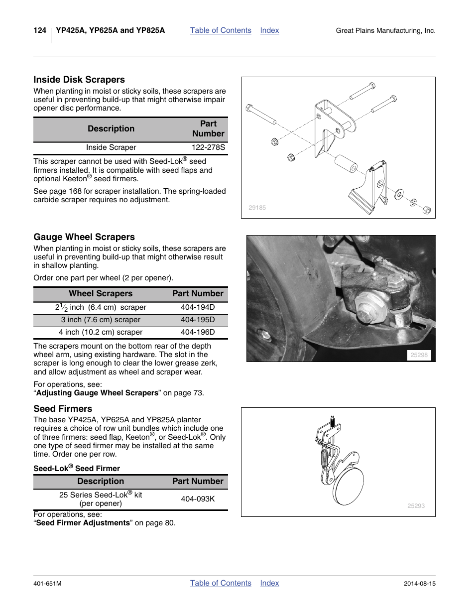 Inside disk scrapers, Gauge wheel scrapers, Seed firmers | Seed-lok® seed firmer | Great Plains YP825A Operator Manual User Manual | Page 128 / 182