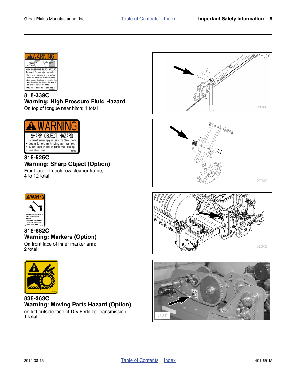 339c warning: high pressure fluid hazard, 525c warning: sharp object (option), 682c warning: markers (option) | 363c warning: moving parts hazard (option) | Great Plains YP825A Operator Manual User Manual | Page 13 / 182