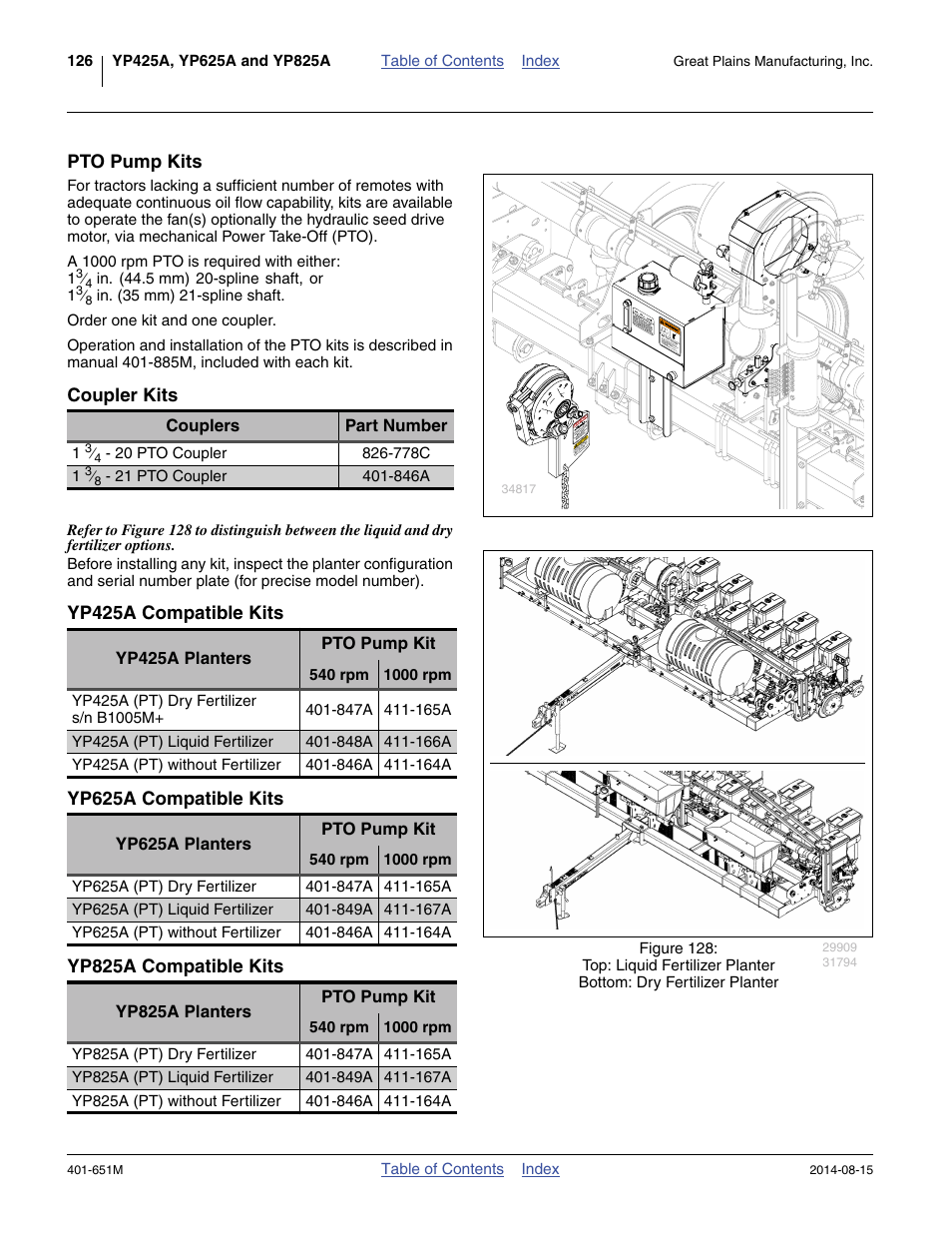 Pto pump kits, Coupler kits, Yp425a compatible kits | Yp625a compatible kits, Yp825a compatible kits | Great Plains YP825A Operator Manual User Manual | Page 130 / 182