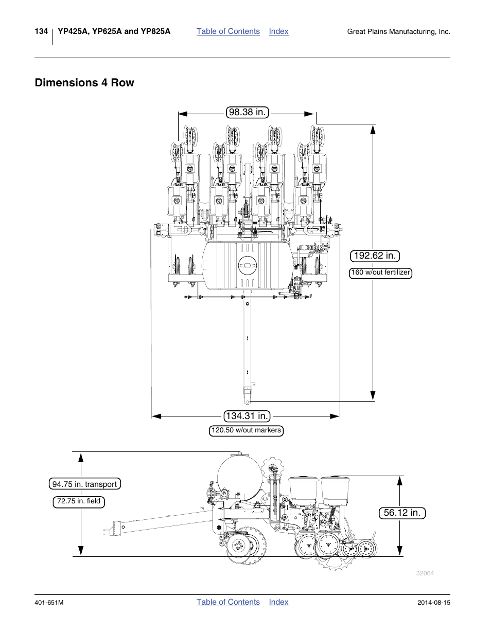 Dimensions 4 row | Great Plains YP825A Operator Manual User Manual | Page 138 / 182