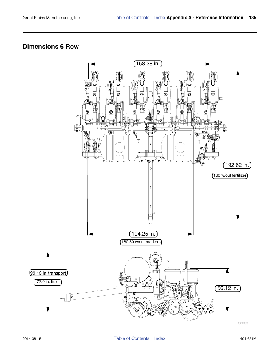 Dimensions 6 row | Great Plains YP825A Operator Manual User Manual | Page 139 / 182