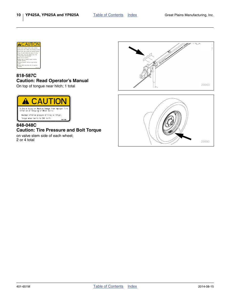 587c caution: read operator’s manual, 048c caution: tire pressure and bolt torque | Great Plains YP825A Operator Manual User Manual | Page 14 / 182