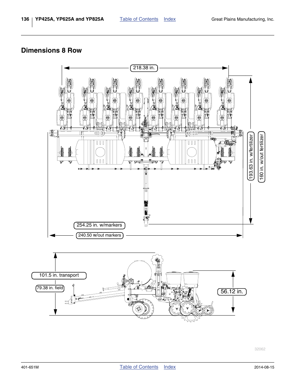 Dimensions 8 row | Great Plains YP825A Operator Manual User Manual | Page 140 / 182