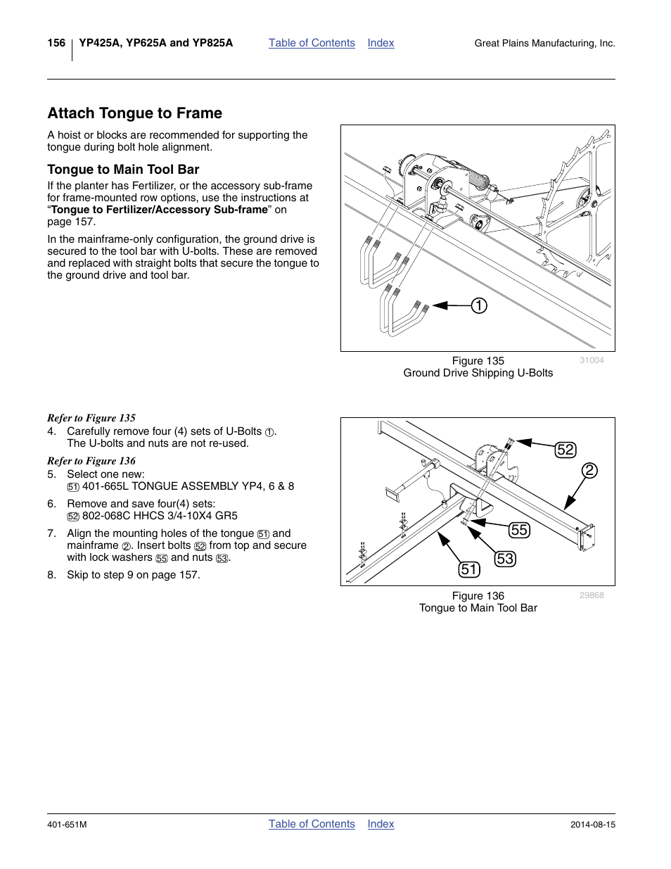 Attach tongue to frame, Tongue to main tool bar | Great Plains YP825A Operator Manual User Manual | Page 160 / 182