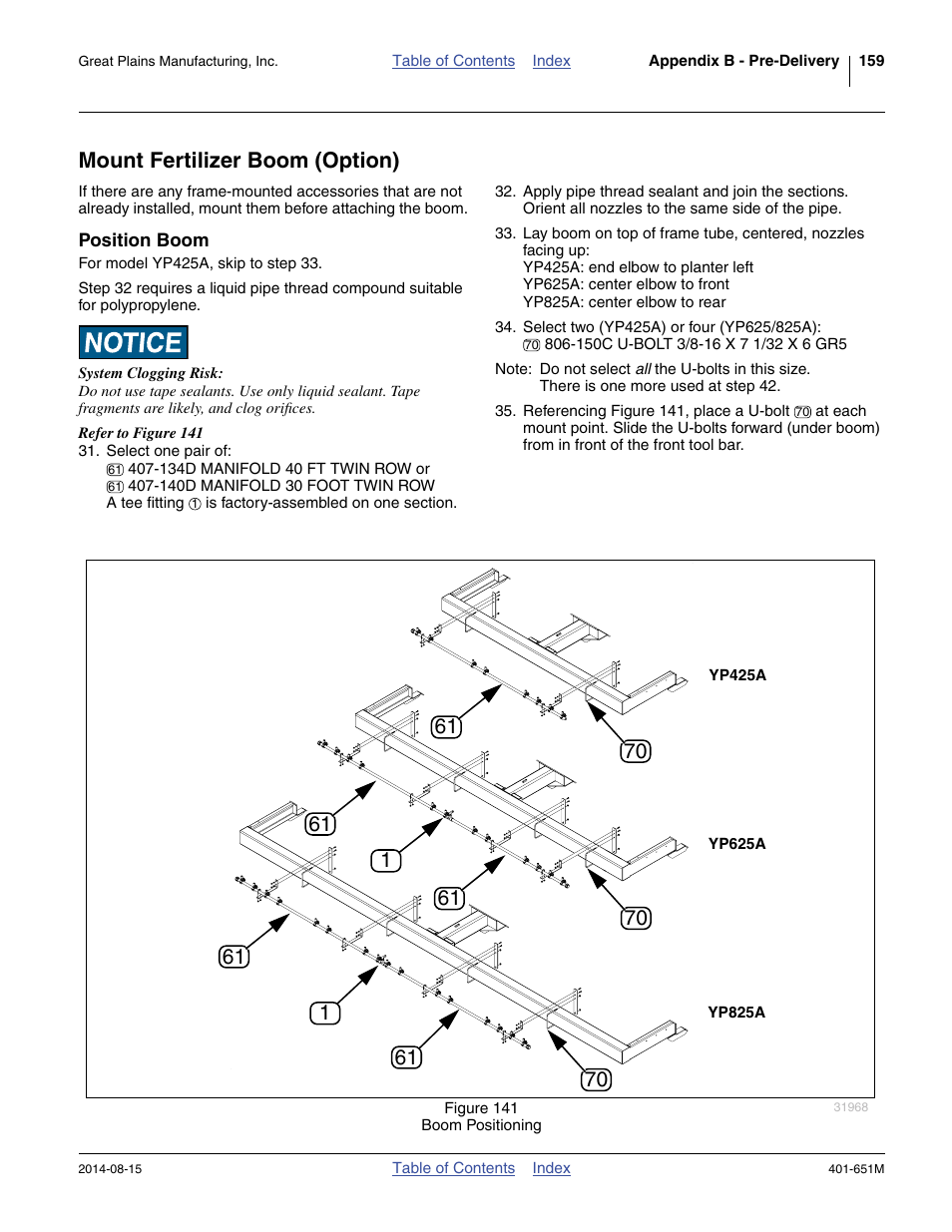 Mount fertilizer boom (option), Position boom | Great Plains YP825A Operator Manual User Manual | Page 163 / 182