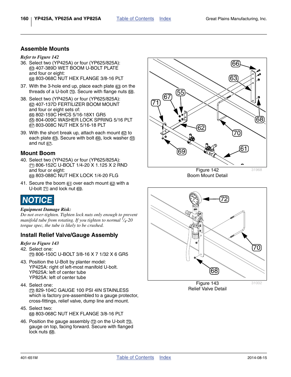 Assemble mounts, Mount boom, Install relief valve/gauge assembly | There is one more used at step 42 | Great Plains YP825A Operator Manual User Manual | Page 164 / 182