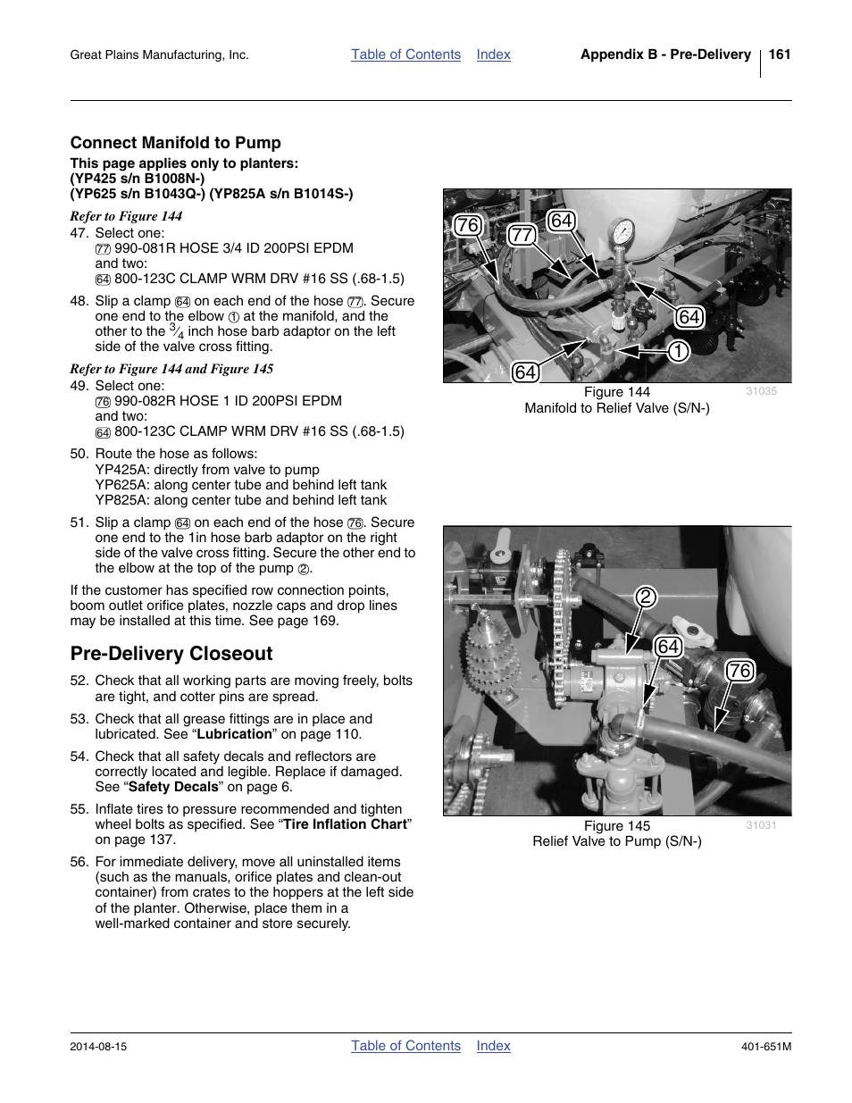 Connect manifold to pump, Pre-delivery closeout | Great Plains YP825A Operator Manual User Manual | Page 165 / 182