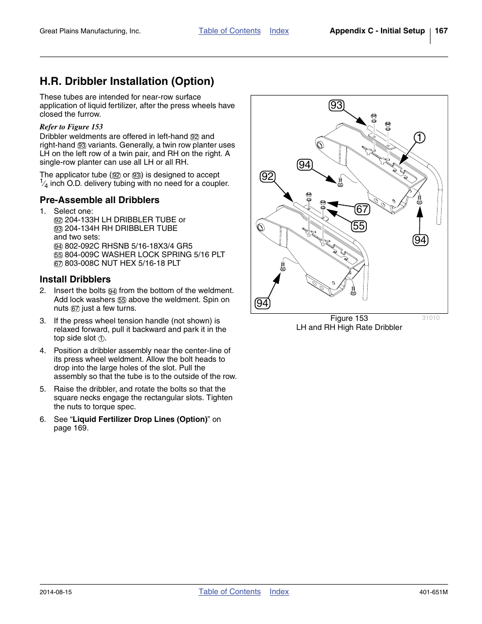 H.r. dribbler installation (option), Pre-assemble all dribblers, Install dribblers | Great Plains YP825A Operator Manual User Manual | Page 171 / 182