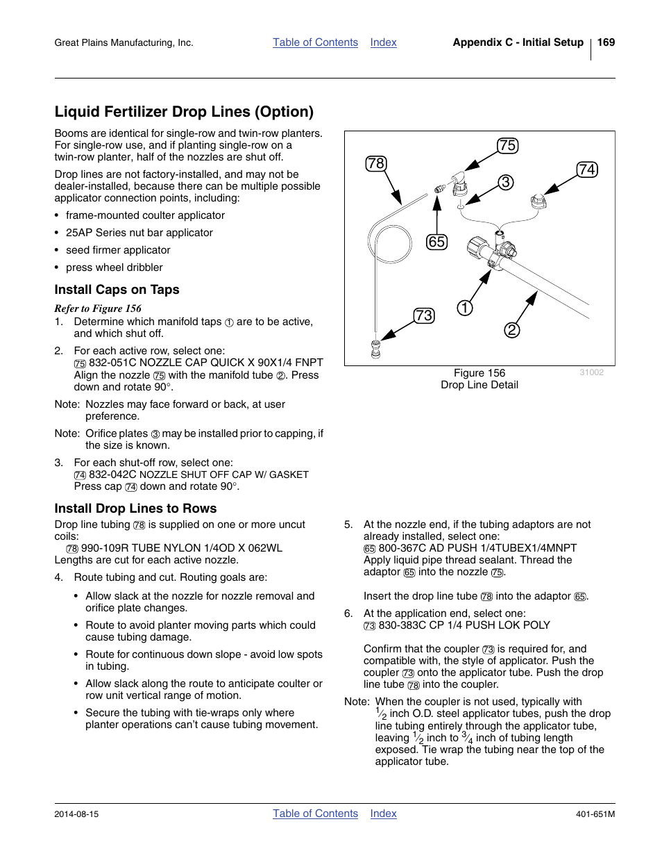 Liquid fertilizer drop lines (option), Install caps on taps, Install drop lines to rows | Install caps on taps install drop lines to rows | Great Plains YP825A Operator Manual User Manual | Page 173 / 182