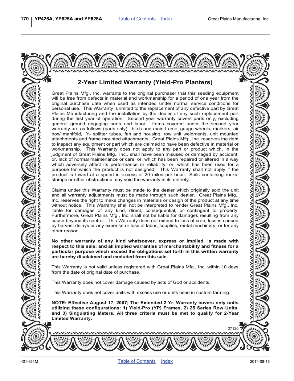 Warranty, Year limited warranty (yield-pro planters) | Great Plains YP825A Operator Manual User Manual | Page 174 / 182