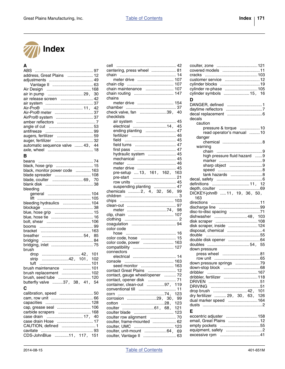 Index | Great Plains YP825A Operator Manual User Manual | Page 175 / 182
