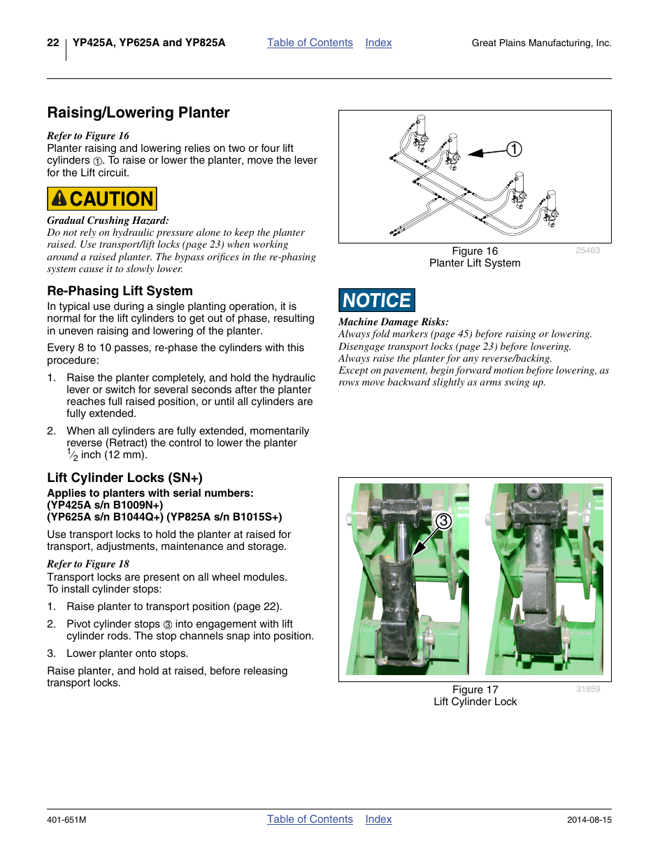 Raising/lowering planter, Re-phasing lift system, Lift cylinder locks (sn+) | Re-phasing lift system lift cylinder locks (sn+) | Great Plains YP825A Operator Manual User Manual | Page 26 / 182