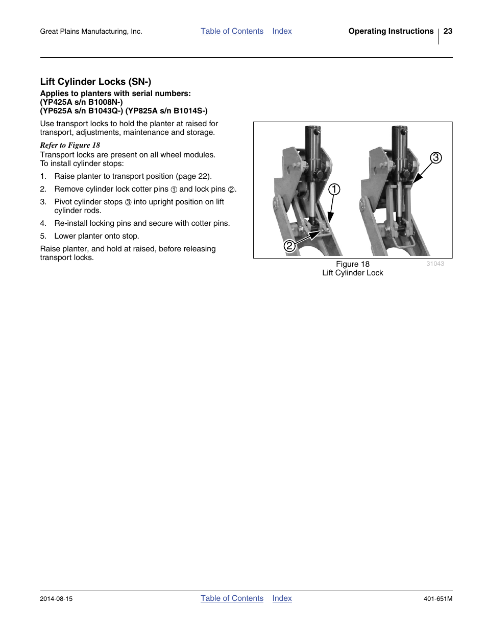 Lift cylinder locks (sn-) | Great Plains YP825A Operator Manual User Manual | Page 27 / 182