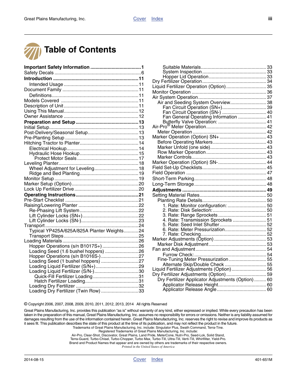 Great Plains YP825A Operator Manual User Manual | Page 3 / 182