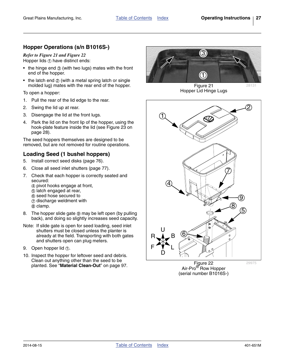 Hopper operations (s/n b1016s-), Loading seed (1 bushel hoppers) | Great Plains YP825A Operator Manual User Manual | Page 31 / 182