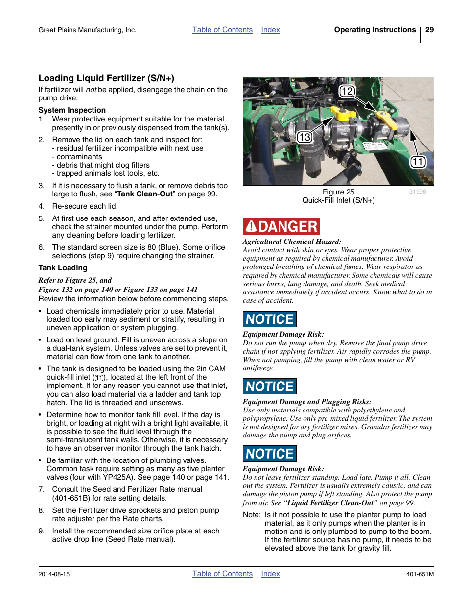 Loading liquid fertilizer (s/n+), System inspection, Tank loading | Great Plains YP825A Operator Manual User Manual | Page 33 / 182