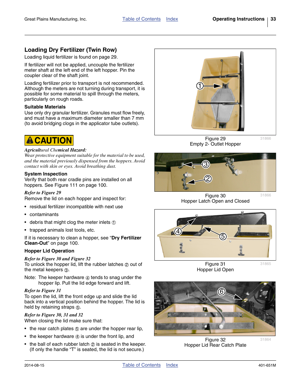 Loading dry fertilizer (twin row), Suitable materials, System inspection | Hopper lid operation | Great Plains YP825A Operator Manual User Manual | Page 37 / 182