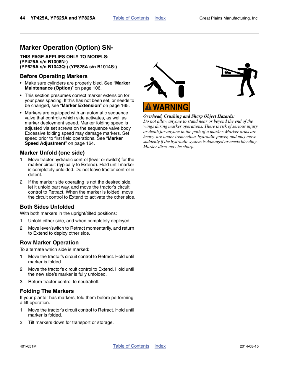 Marker operation (option) sn, Before operating markers, Marker unfold (one side) | Both sides unfolded, Row marker operation, Folding the markers | Great Plains YP825A Operator Manual User Manual | Page 48 / 182