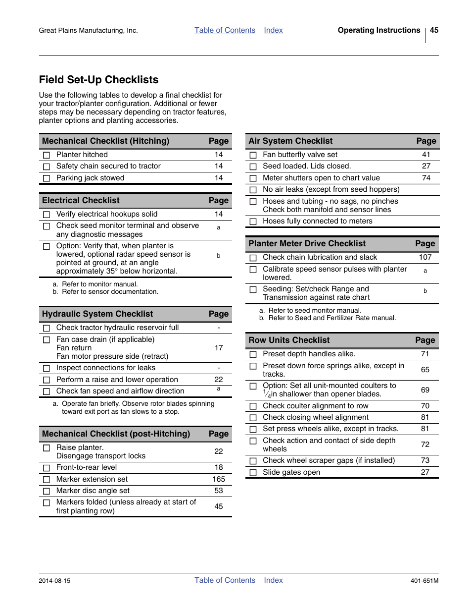 Field set-up checklists | Great Plains YP825A Operator Manual User Manual | Page 49 / 182