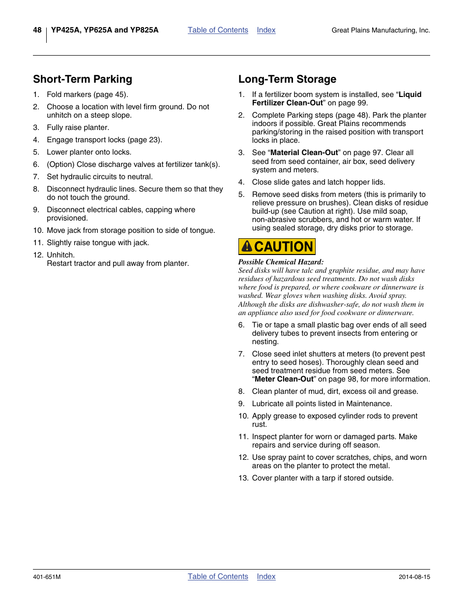 Short-term parking, Long-term storage, Short-term parking long-term storage | Great Plains YP825A Operator Manual User Manual | Page 52 / 182