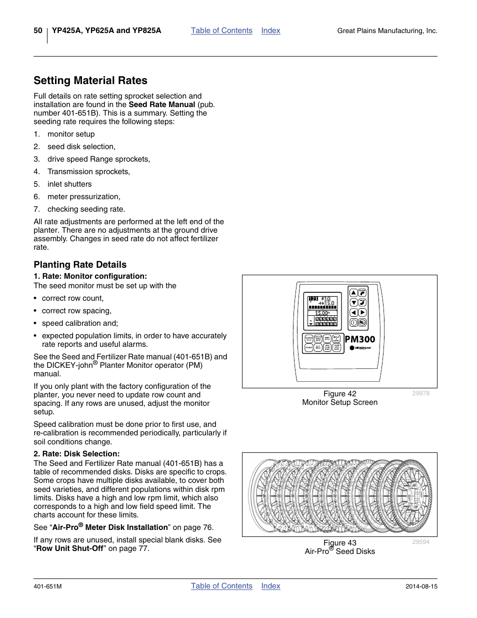 Setting material rates, Planting rate details, Rate: monitor configuration | Rate: disk selection | Great Plains YP825A Operator Manual User Manual | Page 54 / 182