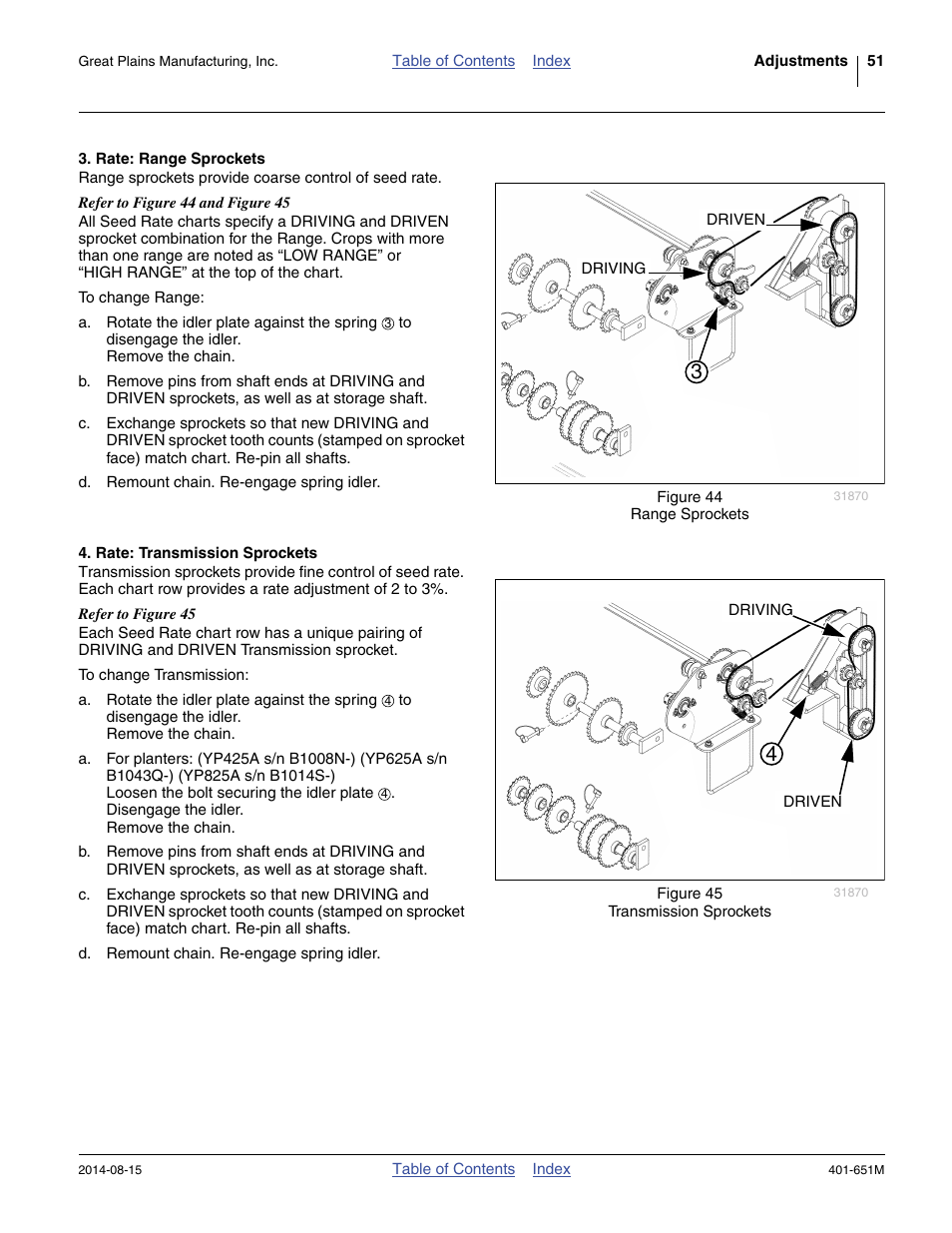 Rate: range sprockets, Rate: transmission sprockets | Great Plains YP825A Operator Manual User Manual | Page 55 / 182