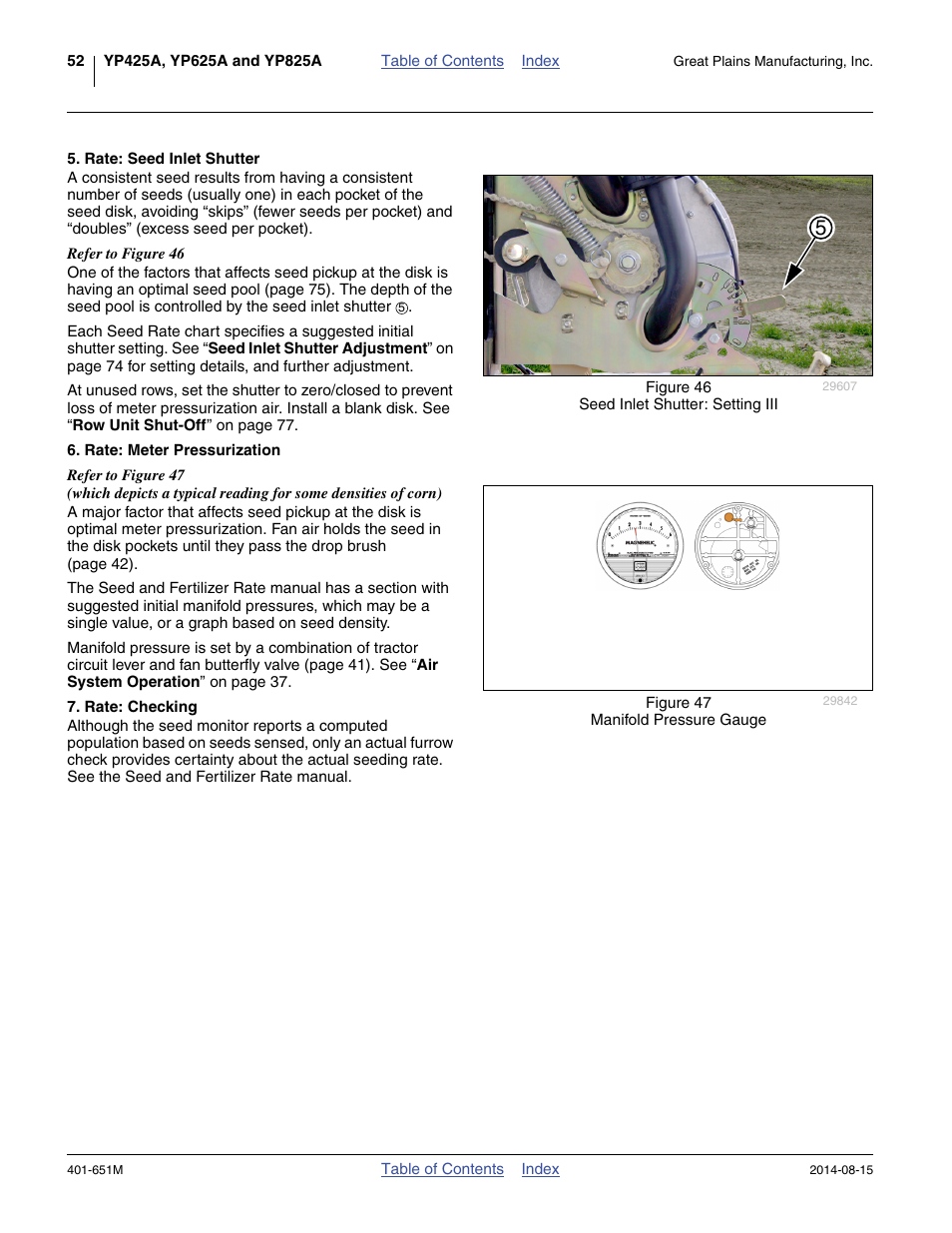 Rate: seed inlet shutter, Rate: meter pressurization, Rate: checking | Great Plains YP825A Operator Manual User Manual | Page 56 / 182