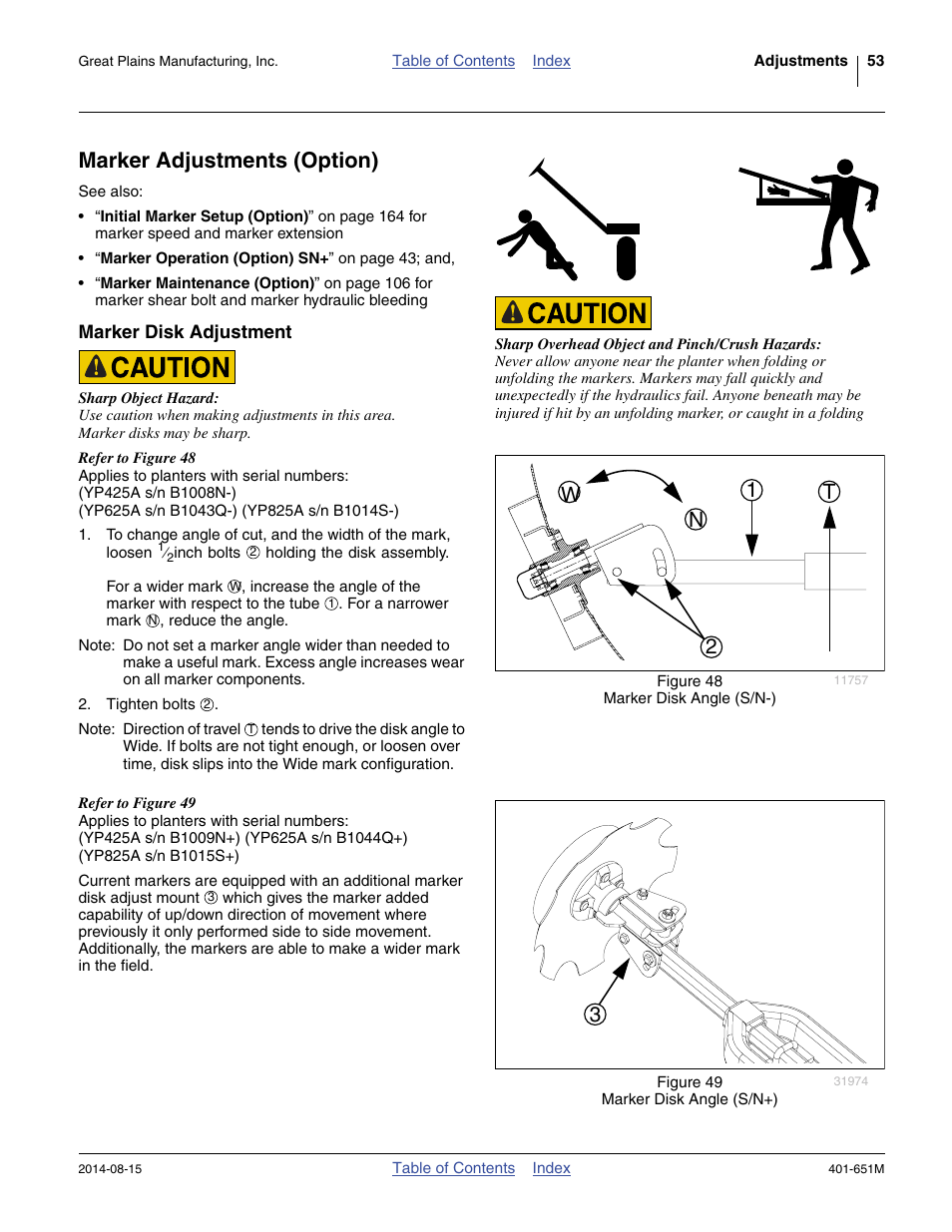 Marker adjustments (option), Marker disk adjustment, 21 n w t | Great Plains YP825A Operator Manual User Manual | Page 57 / 182