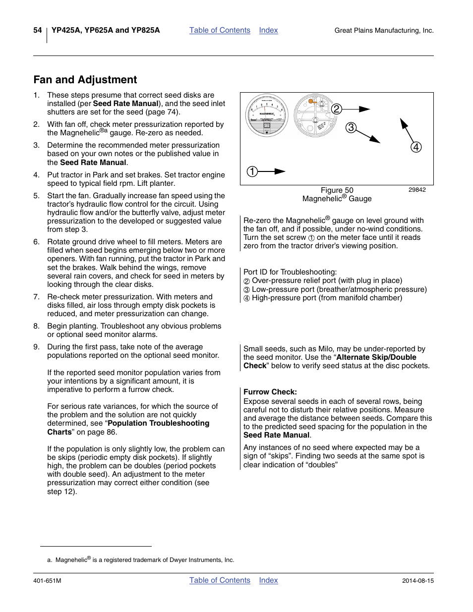 Fan and adjustment, Furrow check | Great Plains YP825A Operator Manual User Manual | Page 58 / 182