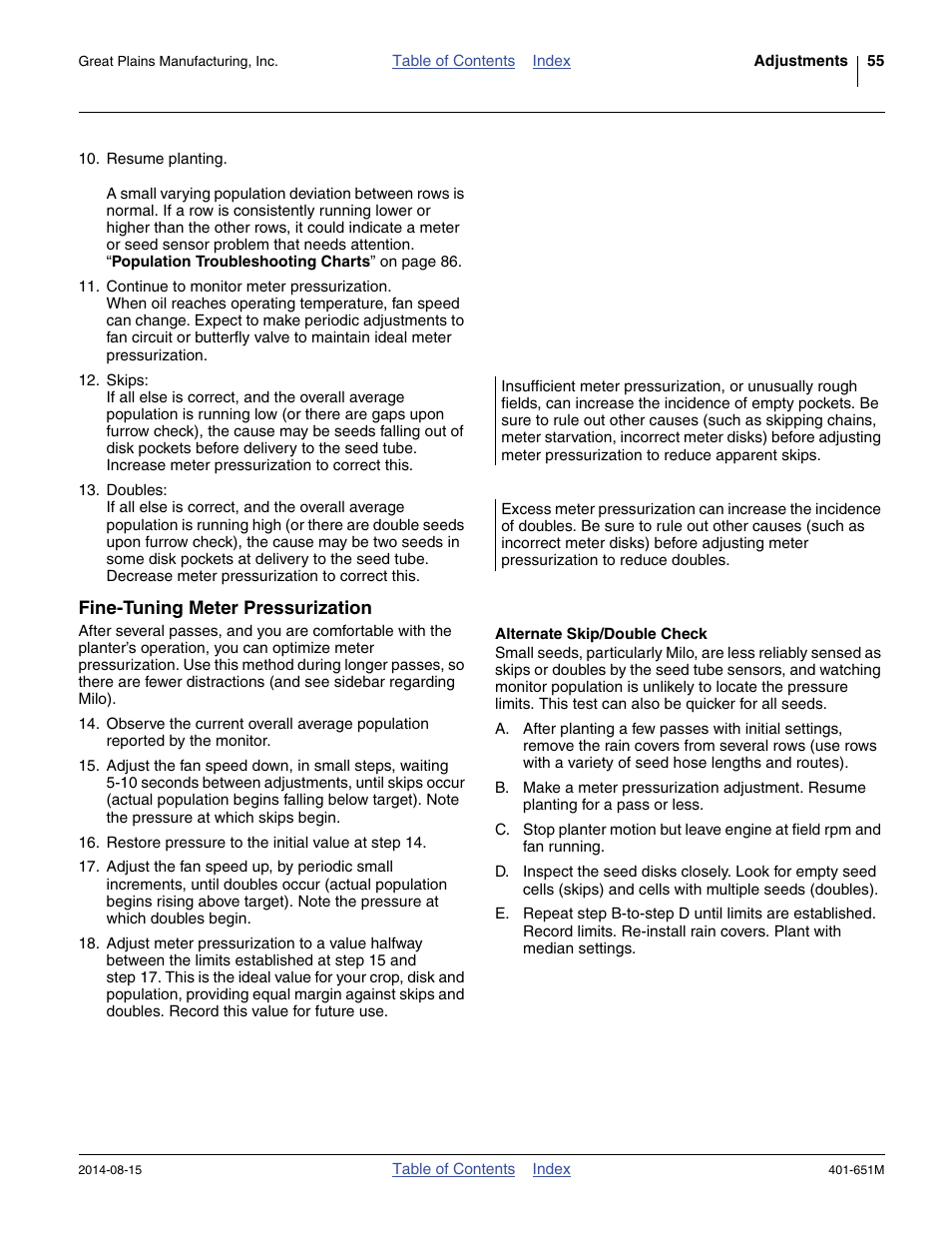 Fine-tuning meter pressurization, Alternate skip/double check, Use the “ alternate skip/double check ” belo | Great Plains YP825A Operator Manual User Manual | Page 59 / 182