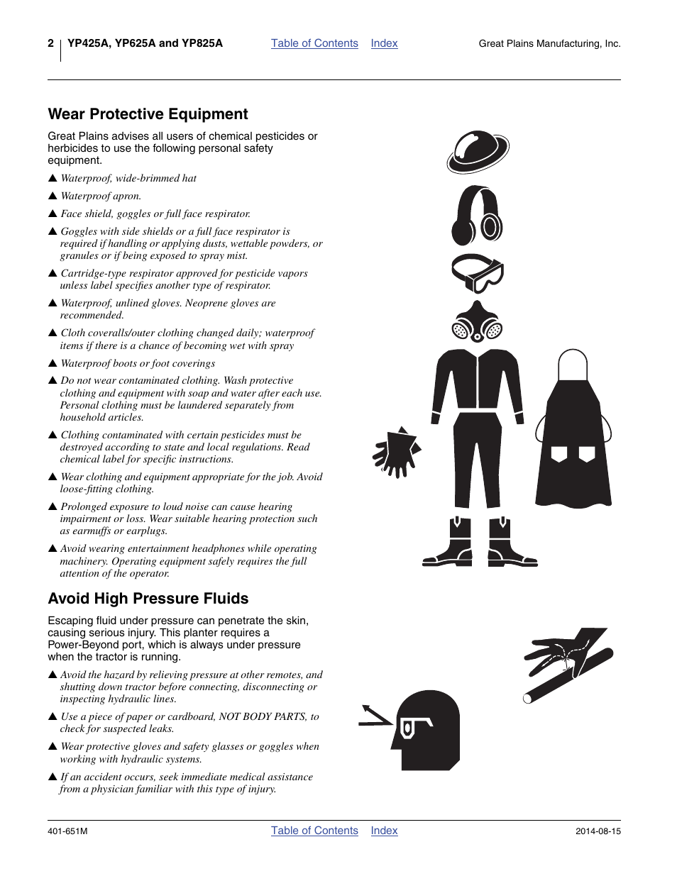 Wear protective equipment, Avoid high pressure fluids | Great Plains YP825A Operator Manual User Manual | Page 6 / 182