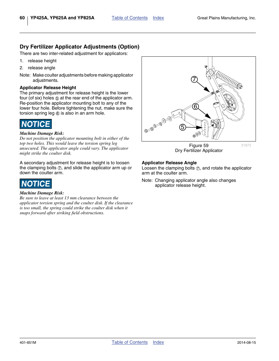 Dry fertilizer applicator adjustments (option), Applicator release height, Applicator release angle | Applicator release height applicator release angle | Great Plains YP825A Operator Manual User Manual | Page 64 / 182