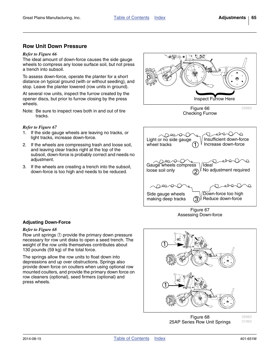 Row unit down pressure, Adjusting down-force | Great Plains YP825A Operator Manual User Manual | Page 69 / 182