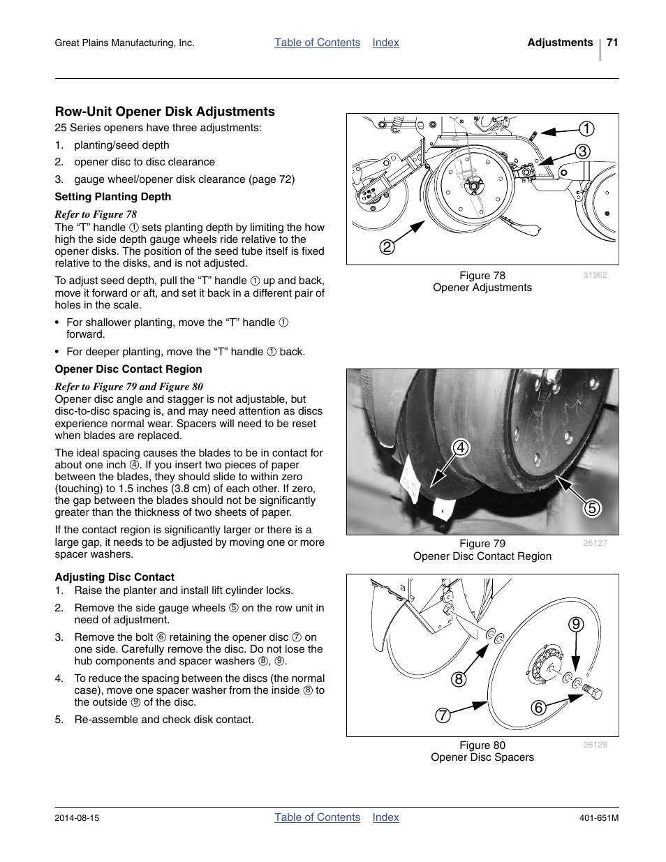 Row-unit opener disk adjustments, Setting planting depth, Opener disc contact region | Adjusting disc contact | Great Plains YP825A Operator Manual User Manual | Page 75 / 182