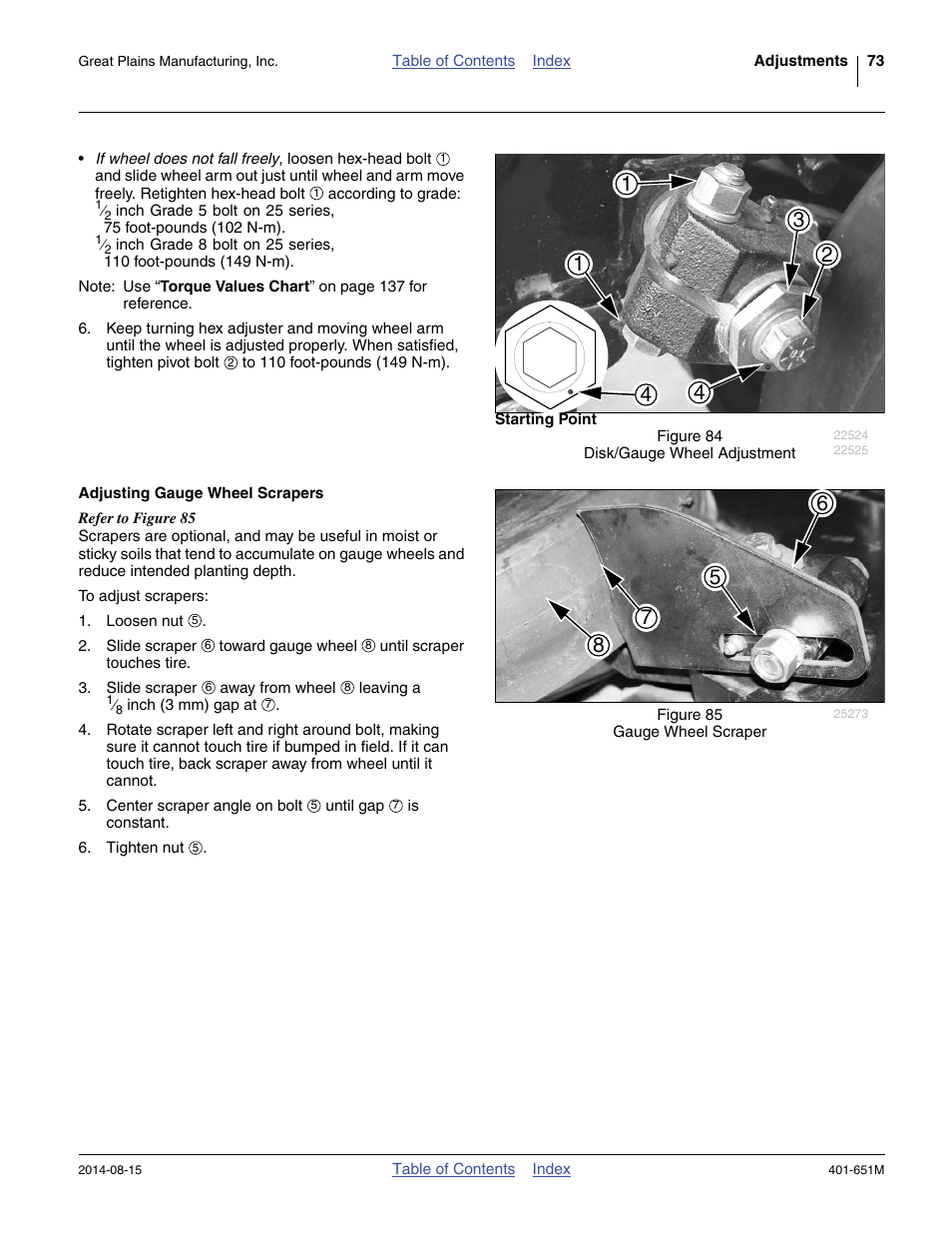 Adjusting gauge wheel scrapers, Refer to figure 84 | Great Plains YP825A Operator Manual User Manual | Page 77 / 182